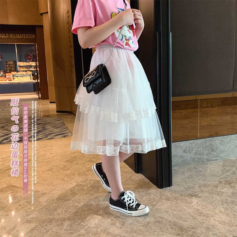 女童蕾丝纱裙2021夏装新款中大童洋气韩版公主蛋糕裙儿童半身裙子