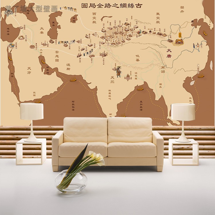丝绸之路壁纸古代陆上商业贸易全景路线地图墙纸大型壁画软包定制