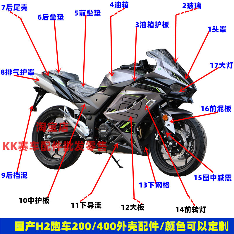 国产H2摩托车400跑车配件适用鹏城 PC200-4S机车塑料外壳排气护罩