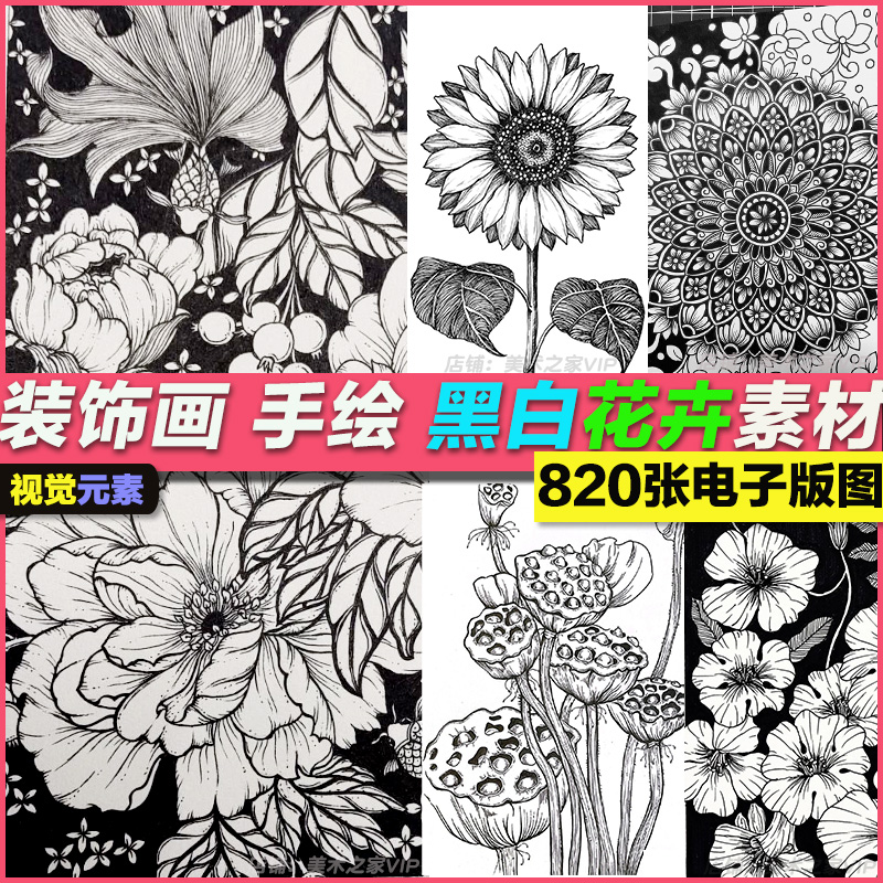 绘画美术线稿黑白装饰画视觉传达考研花卉植物手绘简笔画图片素材