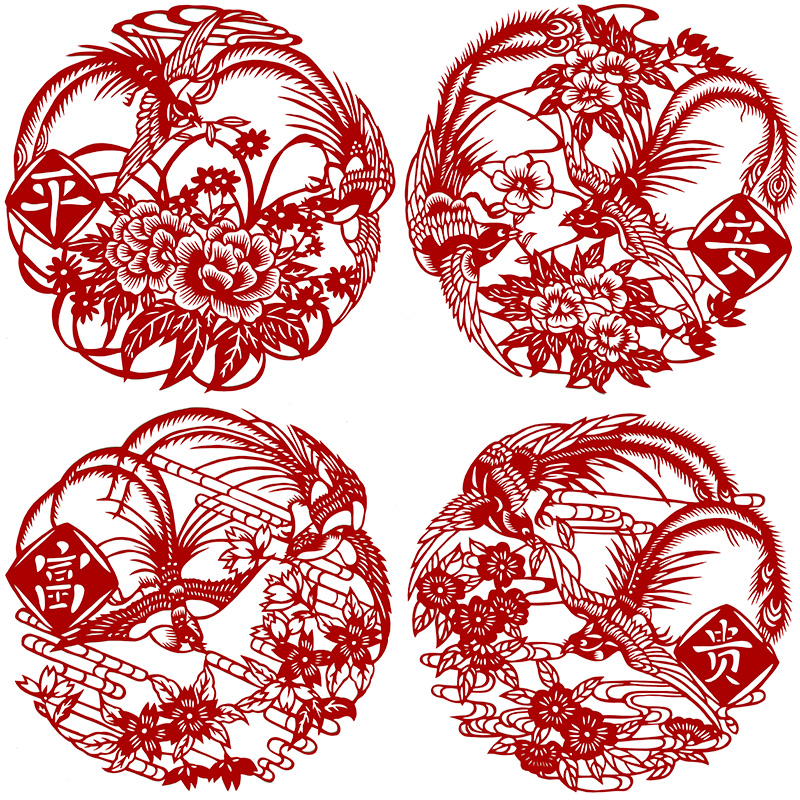 中国传统花鸟手工刻纸图案高清吉祥剪纸窗花图样素材黑白打印底稿