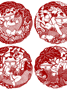 中国传统手工刻纸图样素材高清年画人物花鸟剪纸图案黑白打印底稿