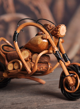 泰国藤编摩托车摆件实木哈雷机车东南亚手工艺品家居客厅桌面摆设