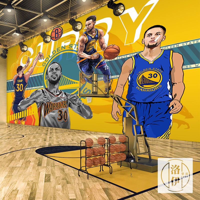 篮球馆NBA球星背景墙壁纸湖人队球衣主题墙布库里乔丹詹姆斯墙纸
