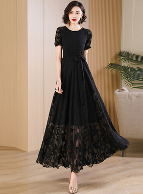 黑色雪纺连衣裙夏季2024新款高级感减龄女士气质显瘦大摆超长裙子
