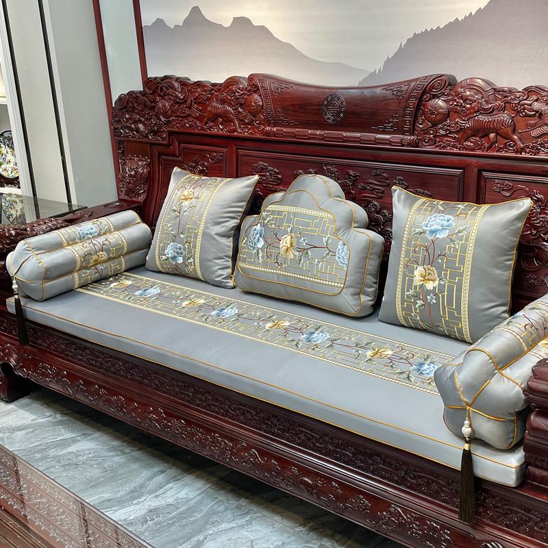 中式红木家具银灰色刺绣坐垫中式沙发防滑座垫古典家具耐脏坐垫
