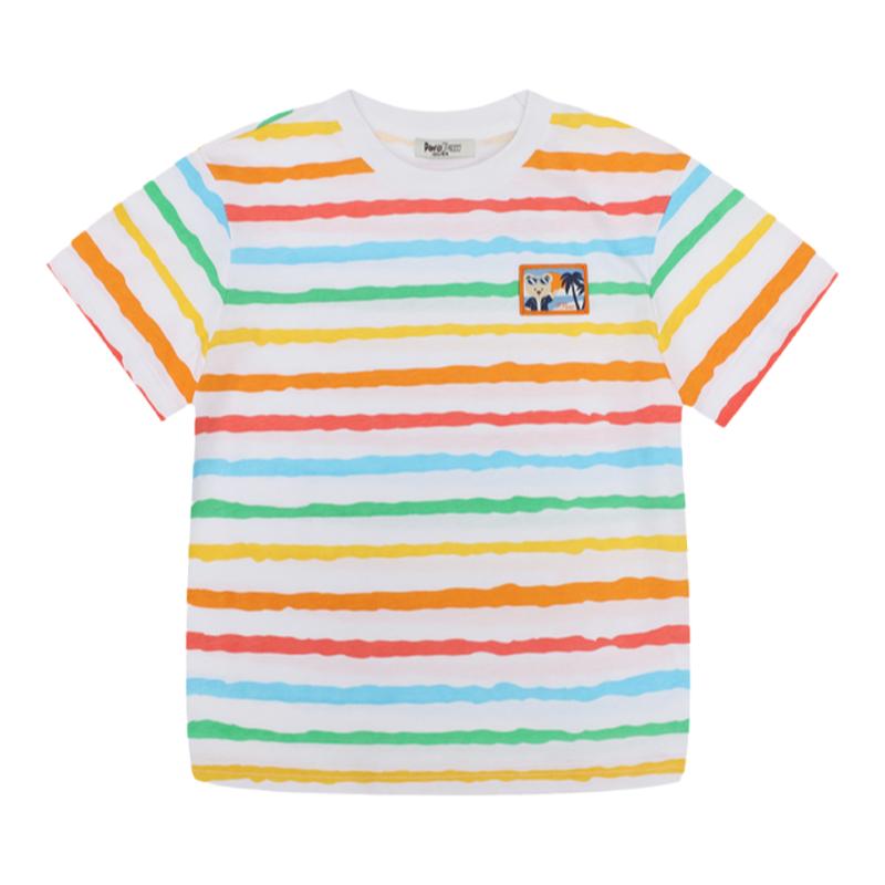 PawinPaw卡通小熊童装24年夏季新款男童撞色彩虹条纹纯棉短袖T恤