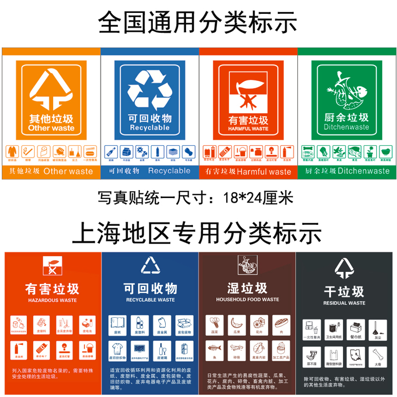 标贴志垃圾分类垃圾桶不干胶可回收其他干湿垃圾有害易腐厨余贴纸