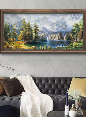 欧式聚宝盆仿油画风景山水客厅挂画沙发背景墙装饰画美式横款壁画