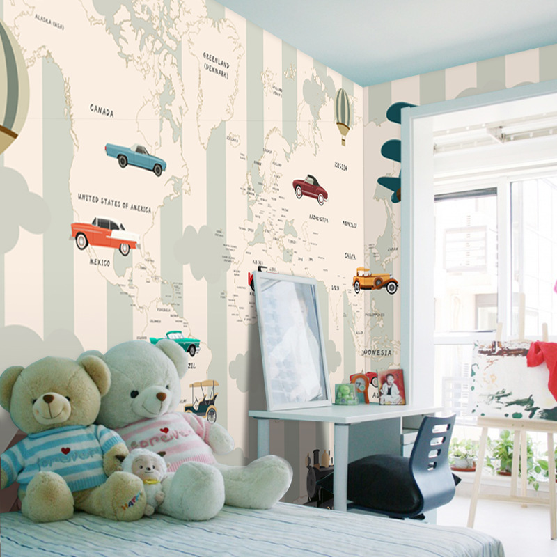 儿童房3D壁画世界地图墙纸汽车北欧卡通男孩卧室复古壁纸墙布