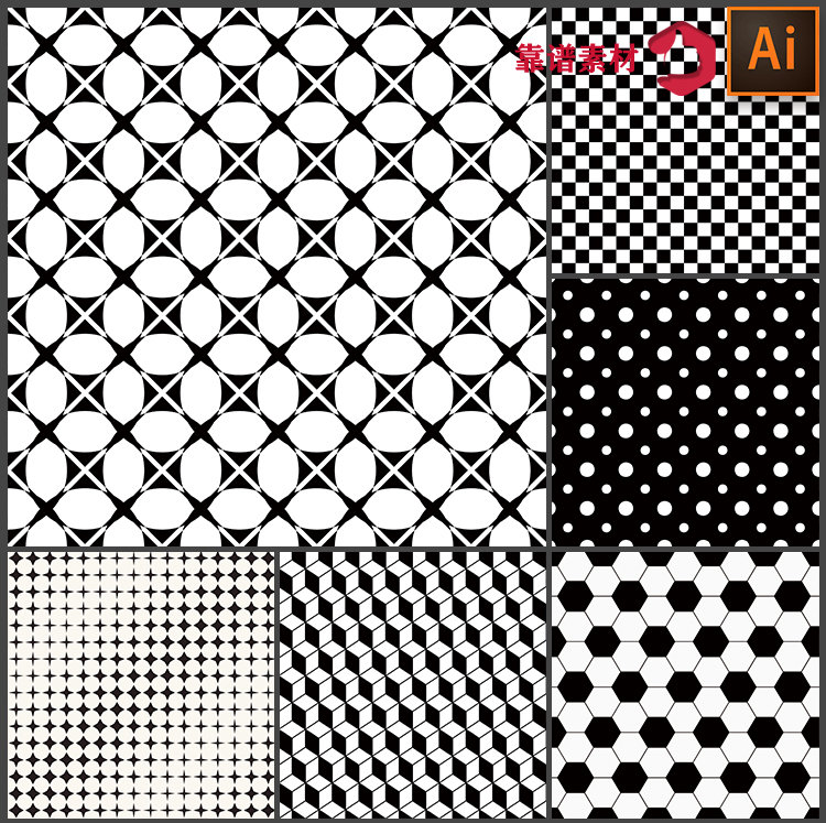 黑白格子圆点抽象几何面料服饰墙纸地毯印花图案AI矢量设计素材
