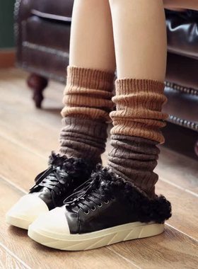 秋冬女士保暖袜套欧洲站及膝腿套羊毛堆堆袜粗线针织护膝美腿脚套