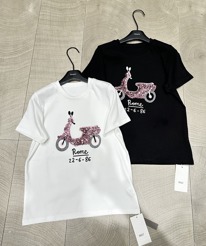 单品danpin夏季新款纯棉常规重工摩托车图案时尚洋气短袖T恤女