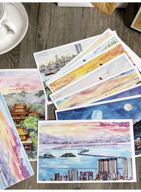10张手绘版广东珠海明信片城市风景卡片景点旅游纪念港珠澳大桥等