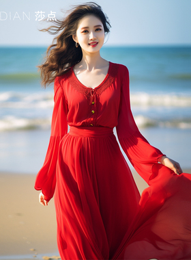 夏季连衣裙长袖过膝长款大摆裙海边旅游度假沙滩群沙漠拍照雪纺裙