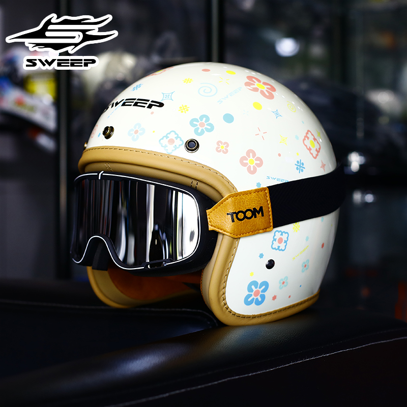 SWEEP摩托车头盔男碳纤维复古半盔女四季通用3C认证半覆式头盔RS1