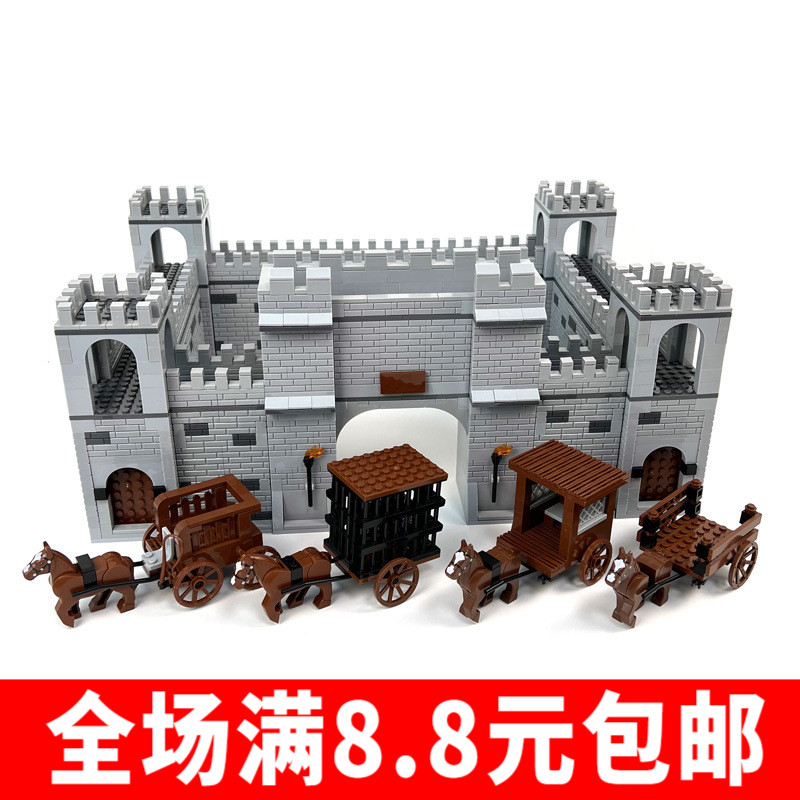 古代城堡围墙运输马车大型城市场景中世纪古城兼容乐高积木拼装