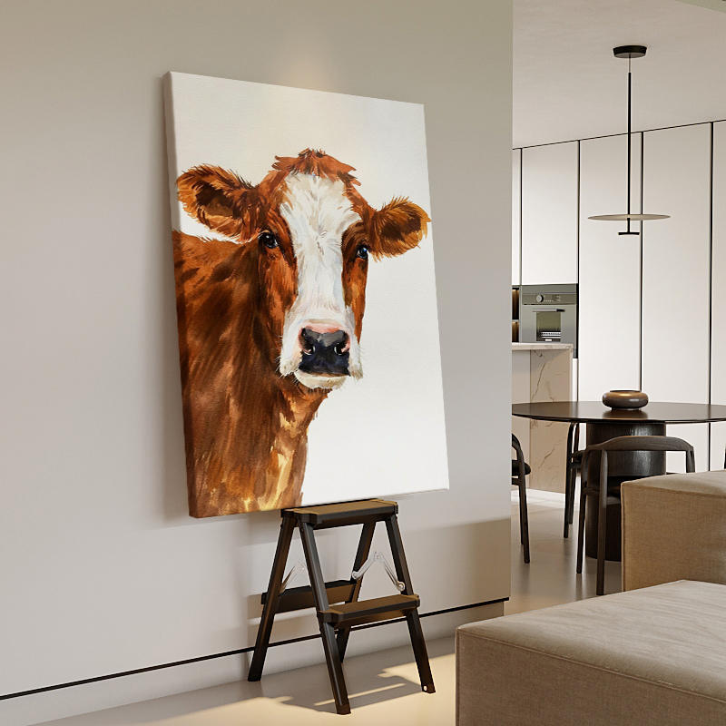 动物牛装饰画客厅玄关牛气冲天艺术手绘油画北欧丙烯卡通无框挂画