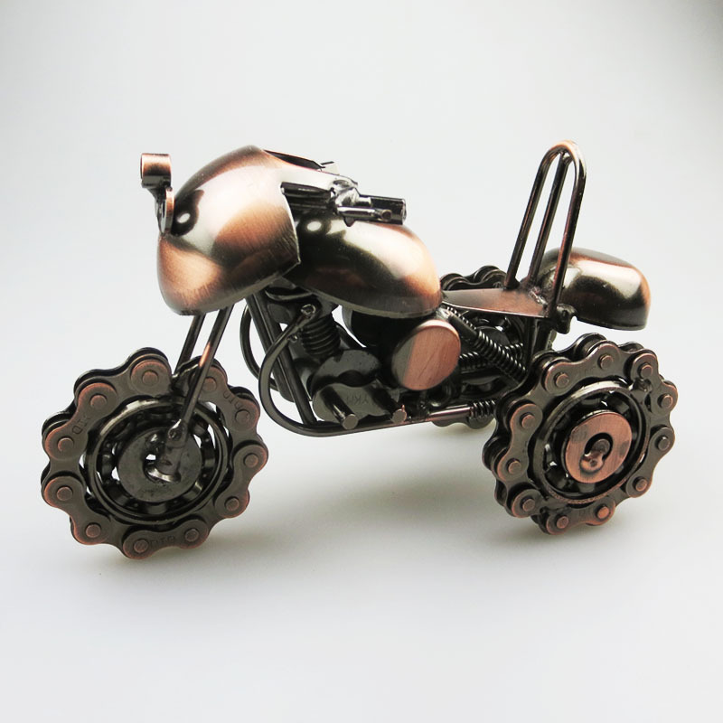 新款边三轮链条摩托车模型 创意工艺品摆件仿古做旧
