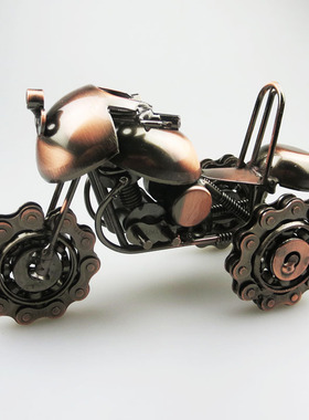 新款边三轮链条摩托车模型 创意工艺品摆件仿古做旧