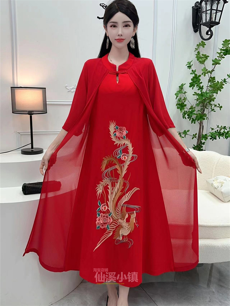 中式民族风假两件宽松新款女装连衣裙重工绣花夏季复古长裙2024年