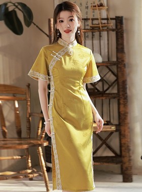 黄色高考专用旗袍家长中考加油大码适合妈妈穿的送考改良夏款衣服