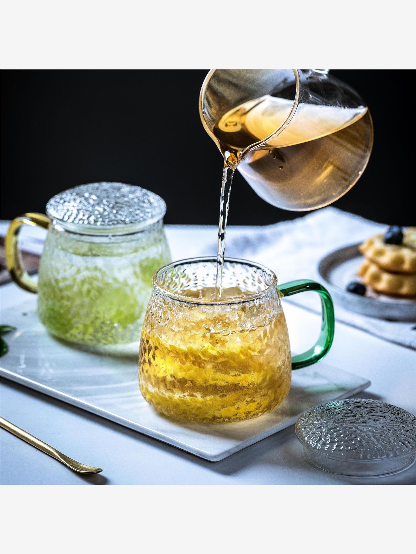 日式锤纹玻璃杯带把带盖ins风家用简约茶杯带把手柄茶水分离杯子