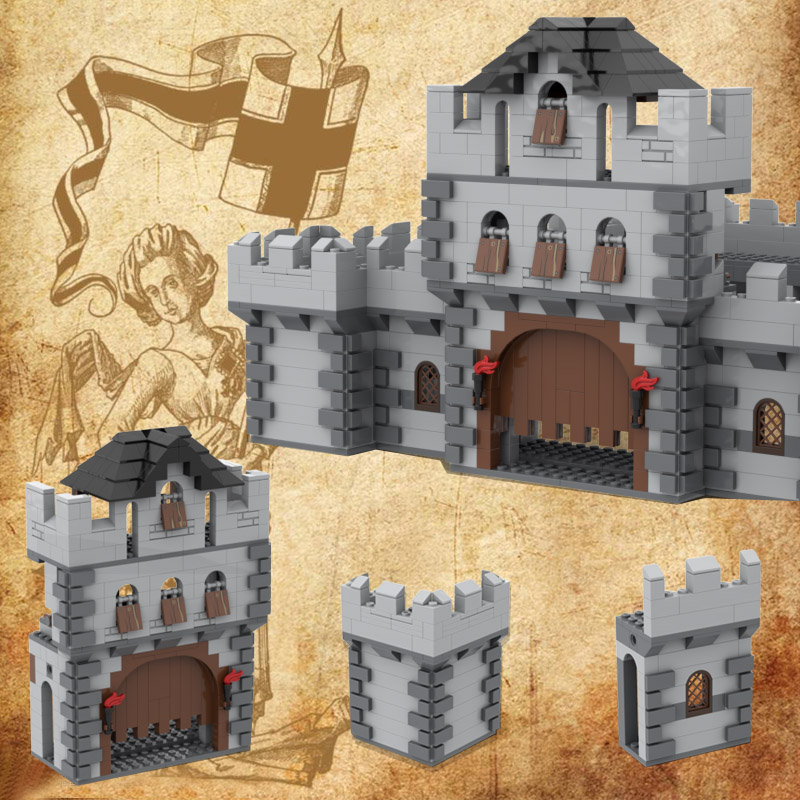 MOC古堡城墙城门围墙中世纪古代围城男小颗粒玩具积木兼容乐高