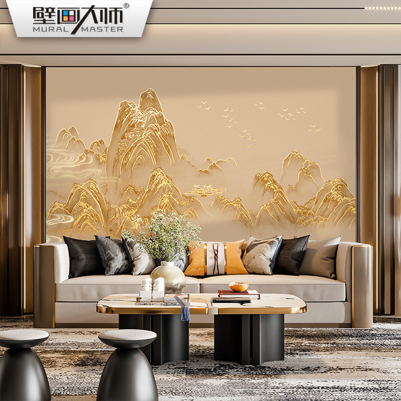 千里江山图壁布2024新款轻奢新中式山水壁纸客厅装饰背景墙布壁画