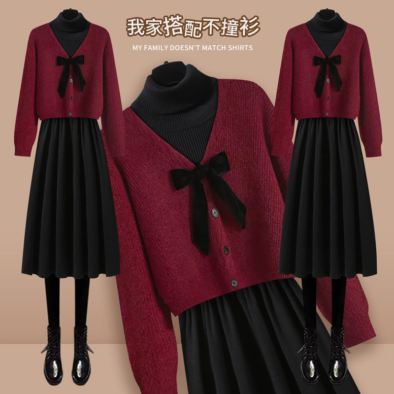 小香风套装裙2024新款秋装女装裙子红色毛衣高级感冬装搭配两件套