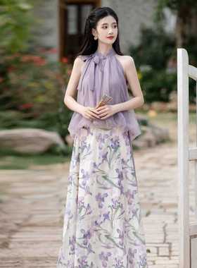 云南旅游度假拍照好看的穿搭女装绝美紫色油画碎花连衣长裙子套装