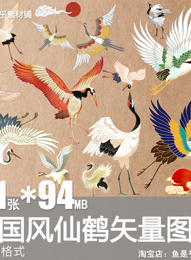 中国风仙鹤丹顶鹤白鹤古典复古免扣元素png格式模板海报设计素材