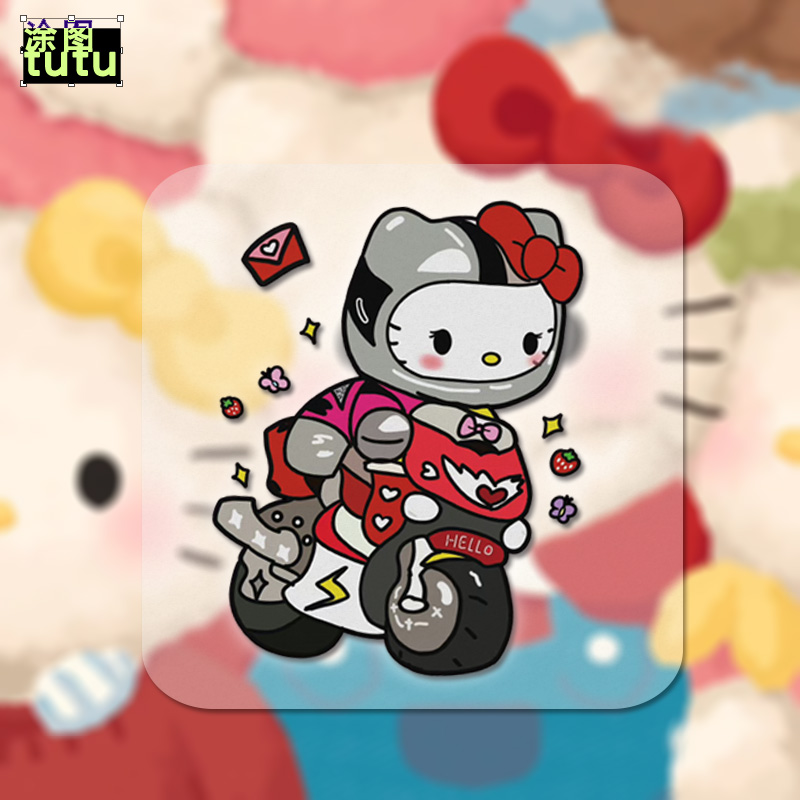 卡通KT猫骑摩托车贴纸赛车手凯蒂猫可爱电动摩托车反光划痕装饰贴