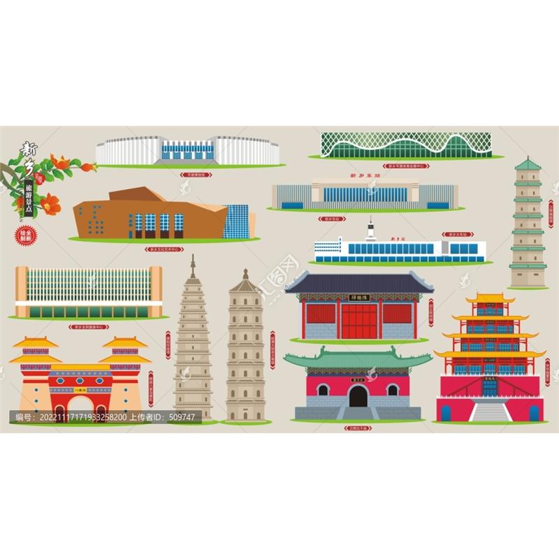 D280河南新乡市AI矢量地标旅游建筑海报设计线稿城市剪影手绘插画