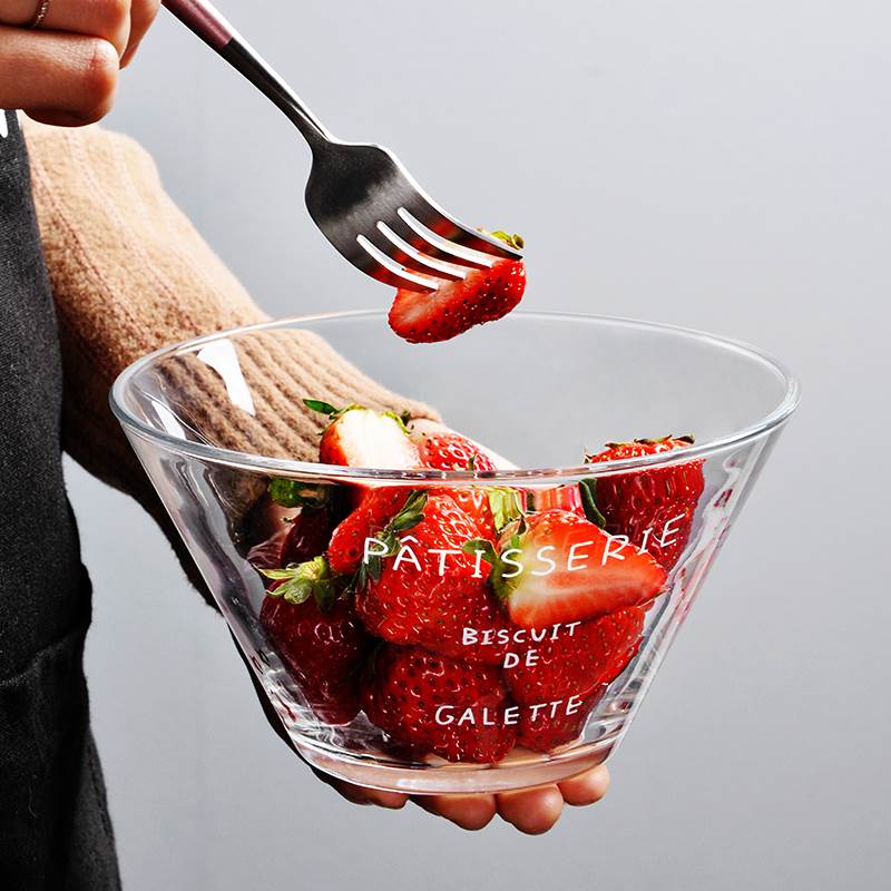 法文透明玻璃碗单个面碗家用沙拉盘ins可爱汤碗透明水果碗沙拉碗