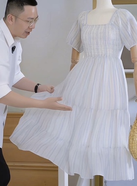 杰唯卡 梦幻蓝在逃公主裙 减龄显瘦又好看的方领连衣裙浪漫仙女裙