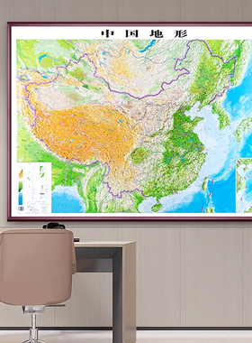 中国地图装饰画3d立体凹凸2024新版三维世界地形图带框办公室挂画