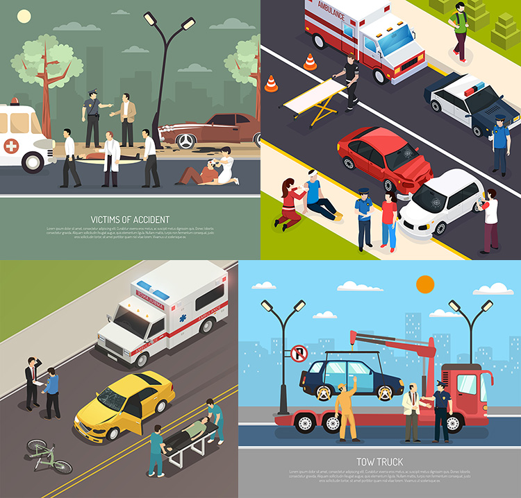 交通事故插画 卡通公路撞车意外场景背景 AI格式矢量设计素材