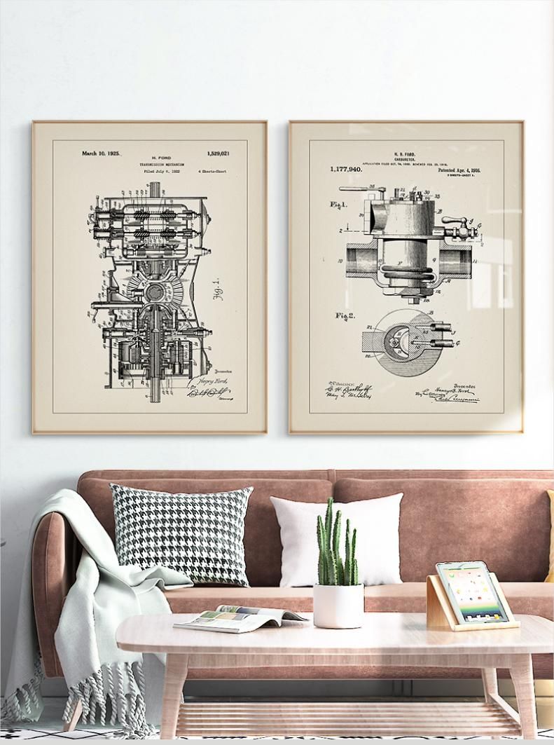 福特汽车设计图纸装饰画 工业风汽配零部件专利线稿复古海报挂画