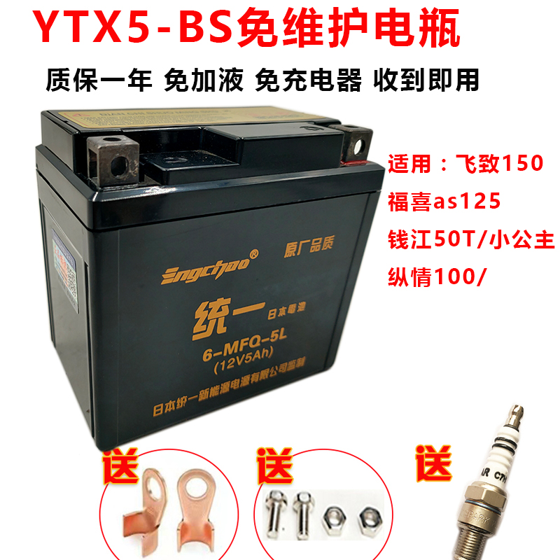 YT5L-BS摩托车干电瓶12V5A巧格100 WH100喜悦小公主 SCR100蓄电池