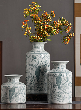青花瓷花瓶摆件客厅插花中式国风陶瓷美式装饰复古玄关瓷器高级感