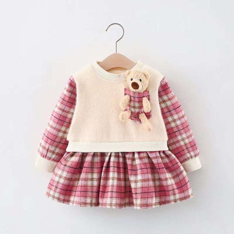 冬季加厚款韩版新款女童格子小熊假两件长袖连衣裙代销
