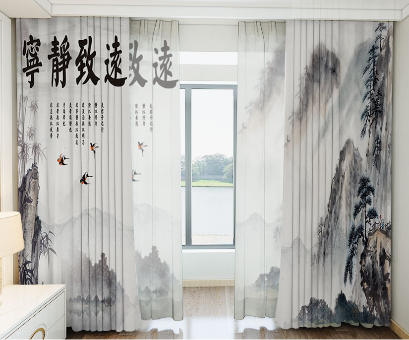 新中式客厅书房山水墨字画窗帘卧室国风遮光布飘窗免打孔图案花纱