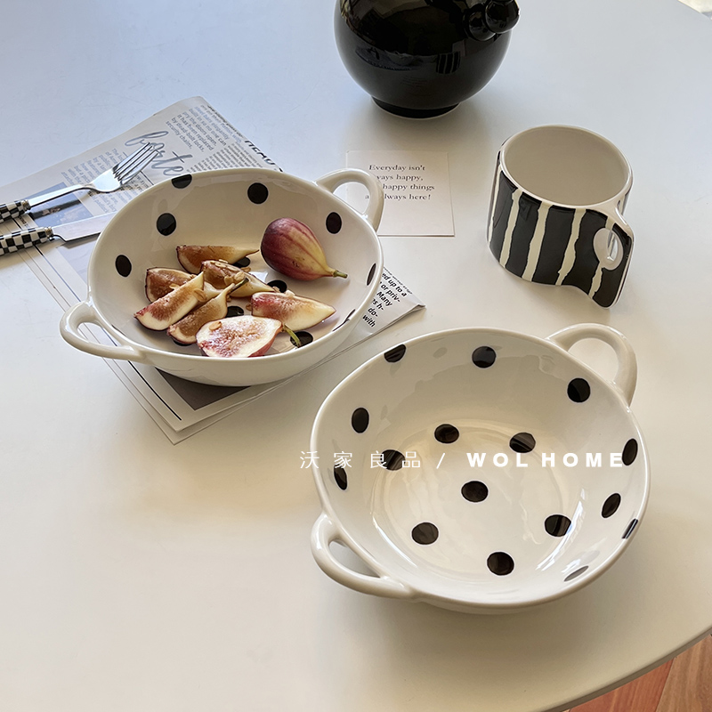 赫本波点双耳异形碗陶瓷创意手绘沙拉碗焗饭碗水果沙拉碗轻食汤碗