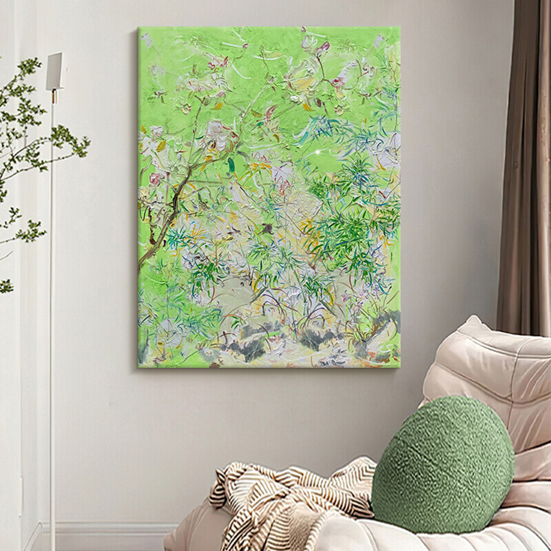 新品玄关客厅装饰画绿色抽象花卉纯手绘油画高级感大气挂画植物肌