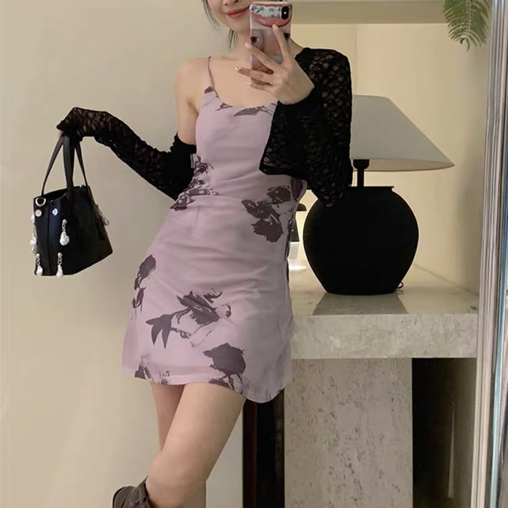 新品只卖今天～GRACE ZALA紫色印花吊带连衣裙【楠0522】