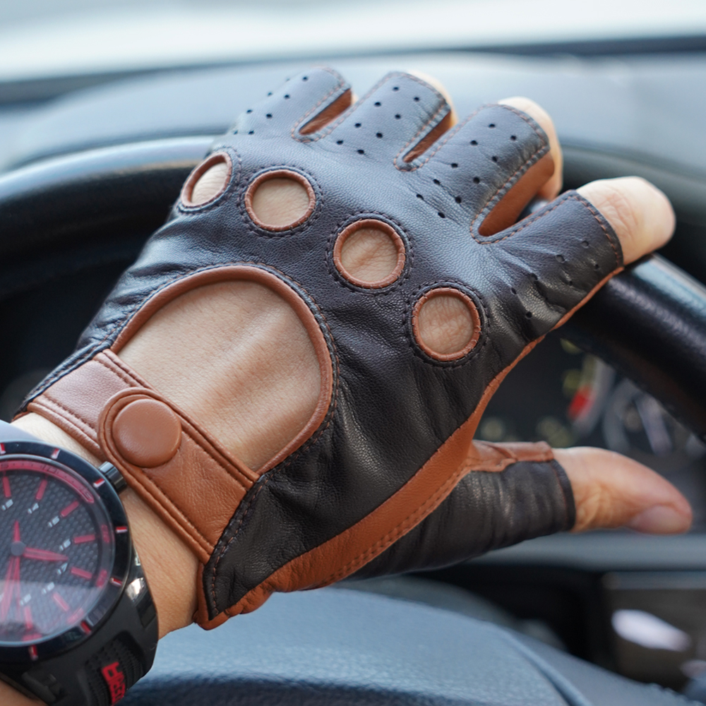 罗欧蒂斯秋冬季男士开车驾驶半指皮手套骑行运动机车摩托车复古风