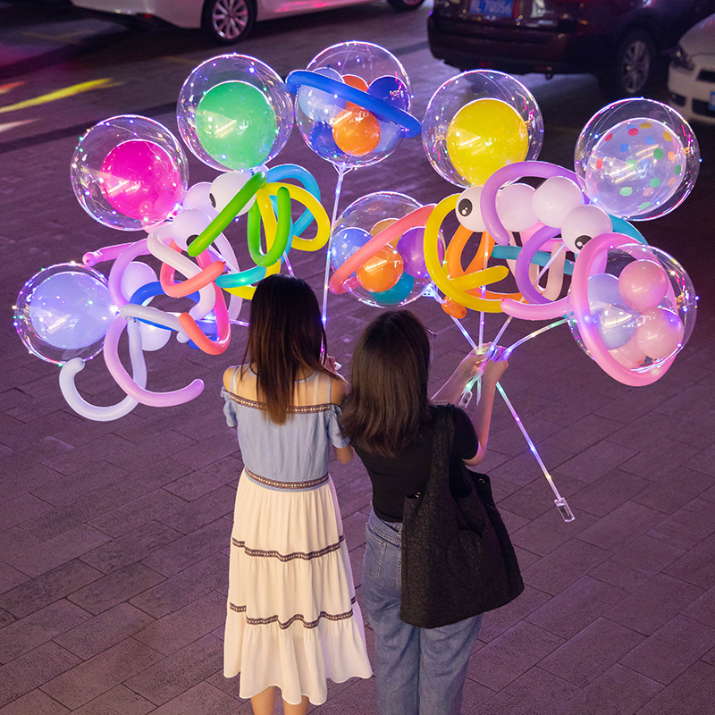 网红发光章鱼飞碟托具杆波波球套餐儿童卡通玩带地摊街卖气球用品