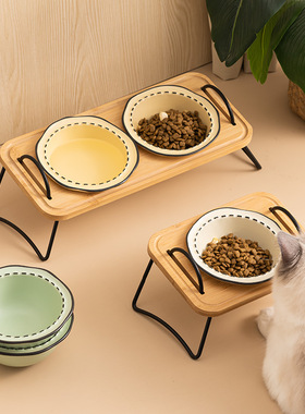 猫碗陶瓷漫画线条狗碗猫咪食盆宠物餐可拆卸竹木三碗宠物碗水碗