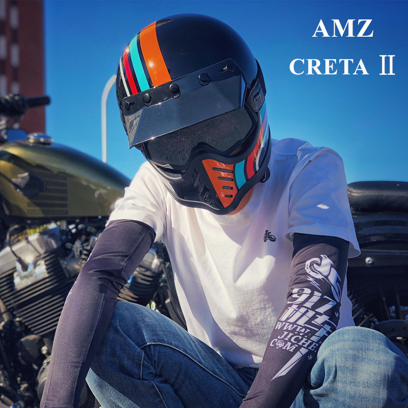 AMZ复古全盔流氓盔玻璃钢水泥灰哈雷重机车男女骑行摩托车头盔